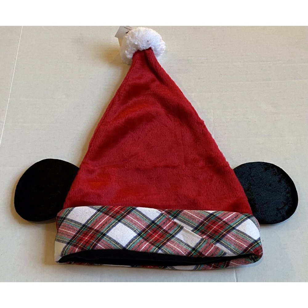 Disney Parks Christmas Holiday Red Plaid Santa Mickey Ears Hat Adjustable